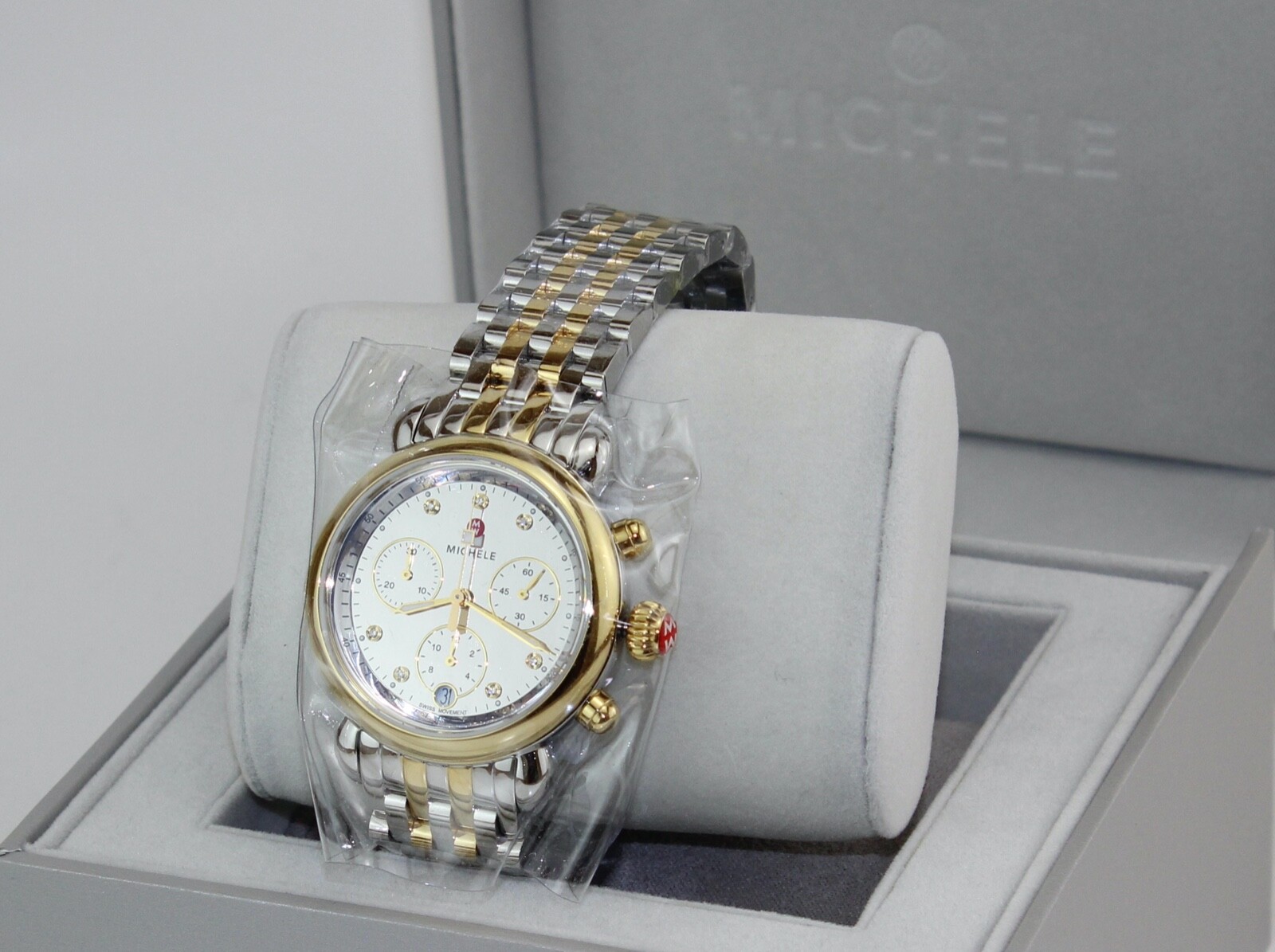 NEW AUTHENTIC MICHELE CSX 36 SILVER GOLD MIRROR CHRONO MWW03C000519 WOMENS WATCH