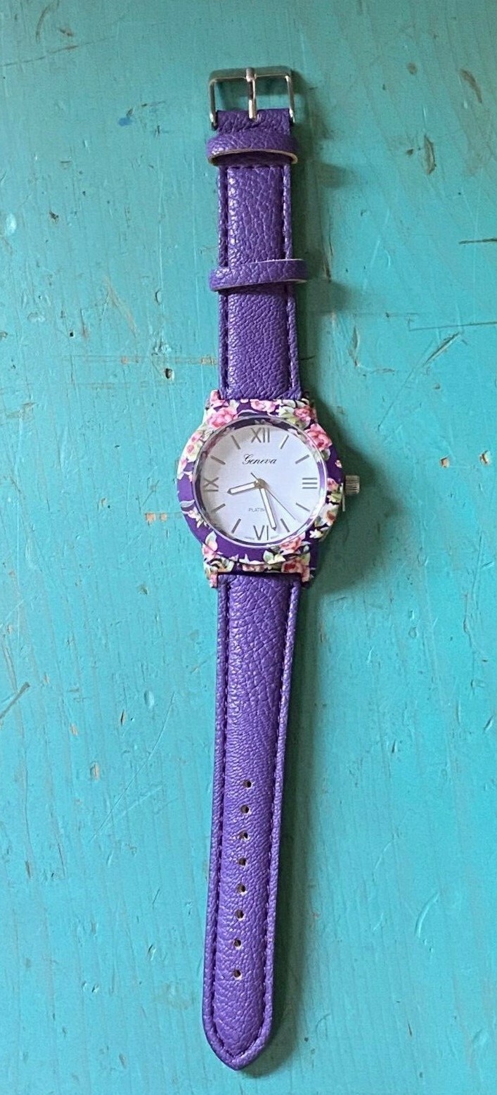 GENEVA Platinum Floral Watch PURPLE Leatherette Band Stainless Steel Back NEW