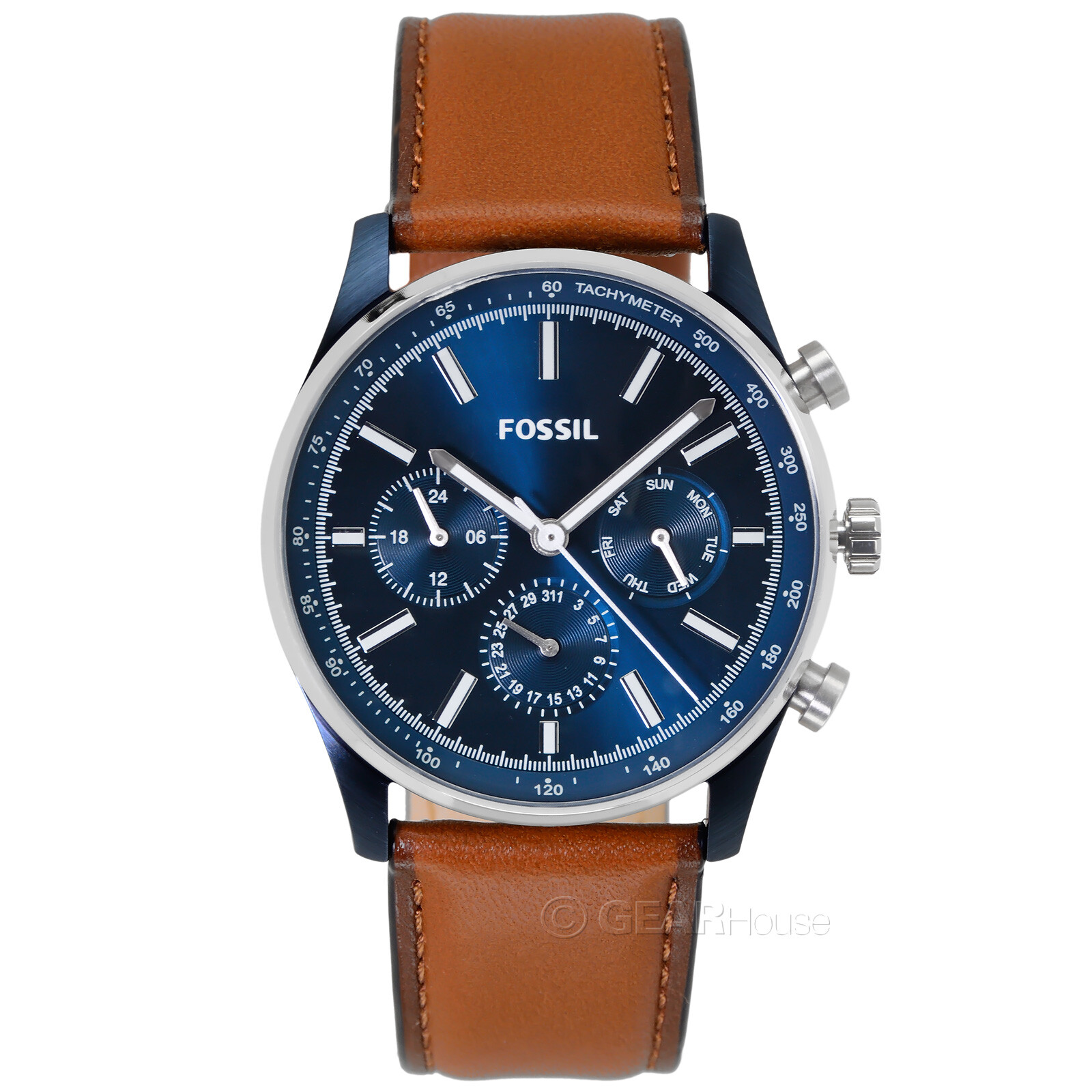 FOSSIL Sullivan Mens Multifunction Watch, Blue Dial Day Date Brown Leather Band