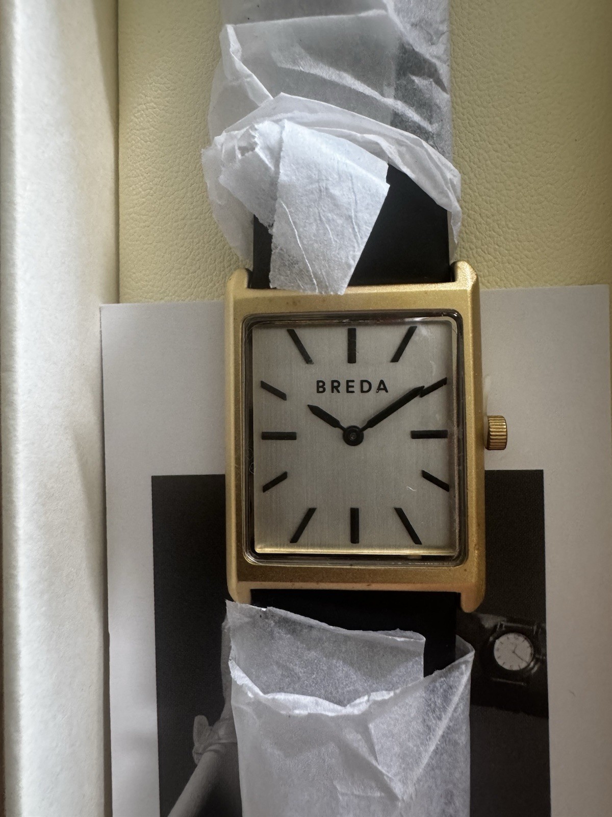 BREDA Gold-Tone Rectangular Quartz Analog Watch Silver Dial Black Leather w/ Box
