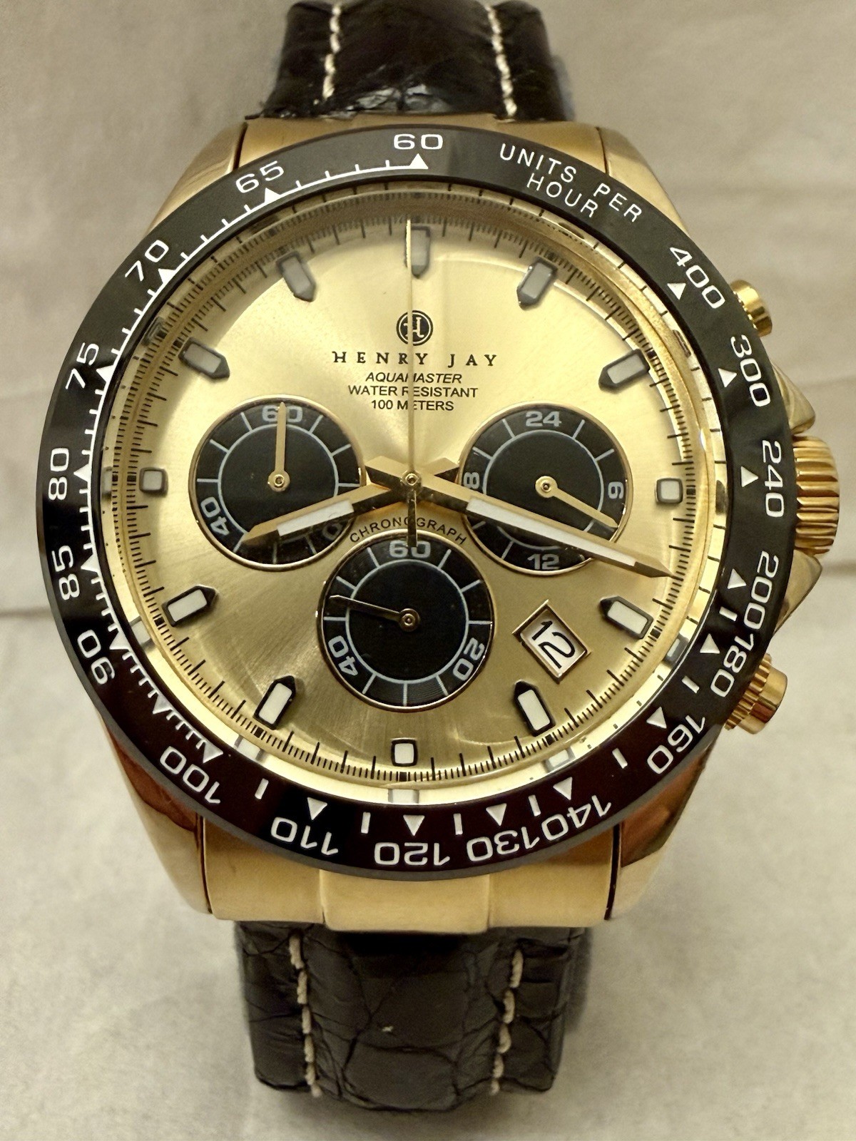 Henry Jay Aqua Master Quartz Chronograph Date Gold/Black Genuine Crocodile Strap