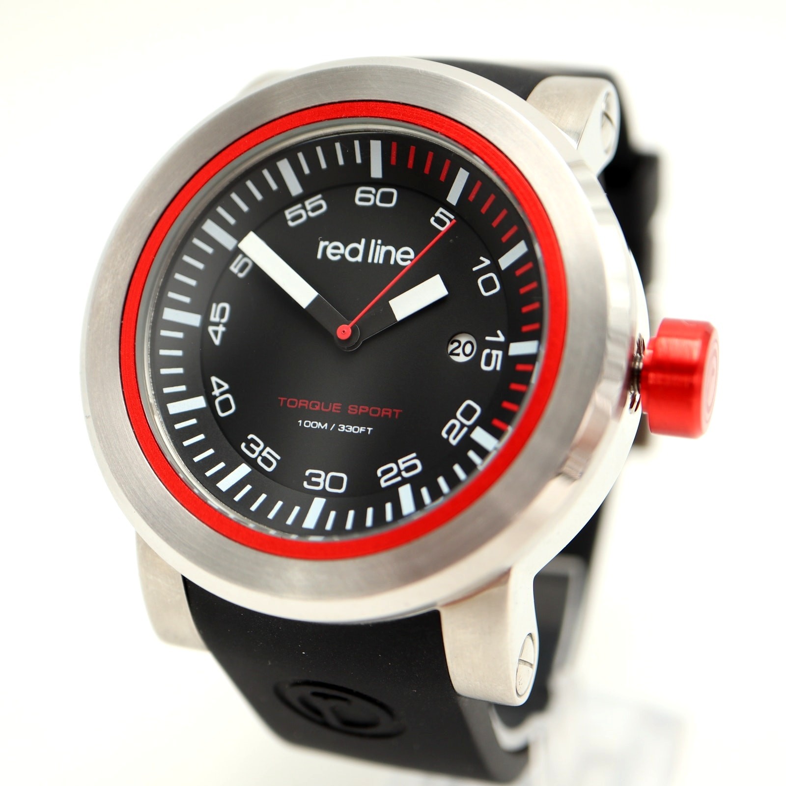 Red Line Mens 50mm Watch Silver Black 100m WR Heavy Duty Steel w New Battery