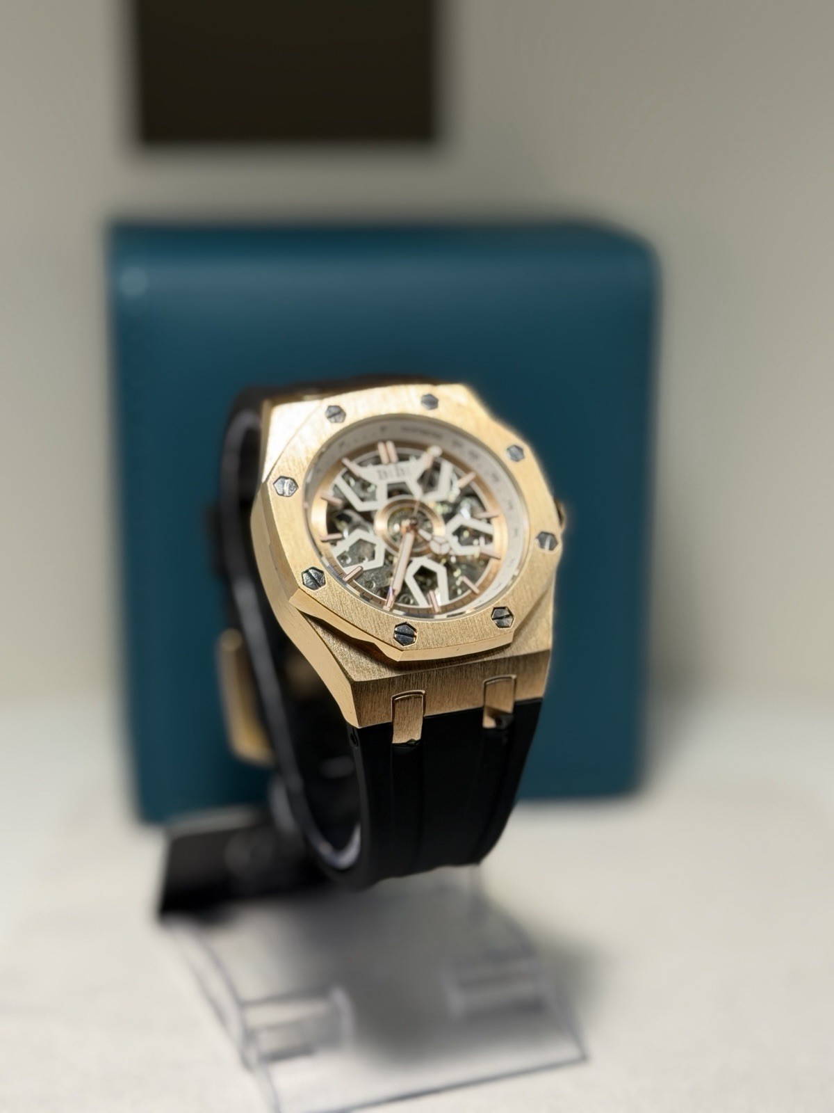 BIBI Skeleton Automatic Watch Rose Gold Black Silicone Strap 41.5mm! SLEEK! NEW!