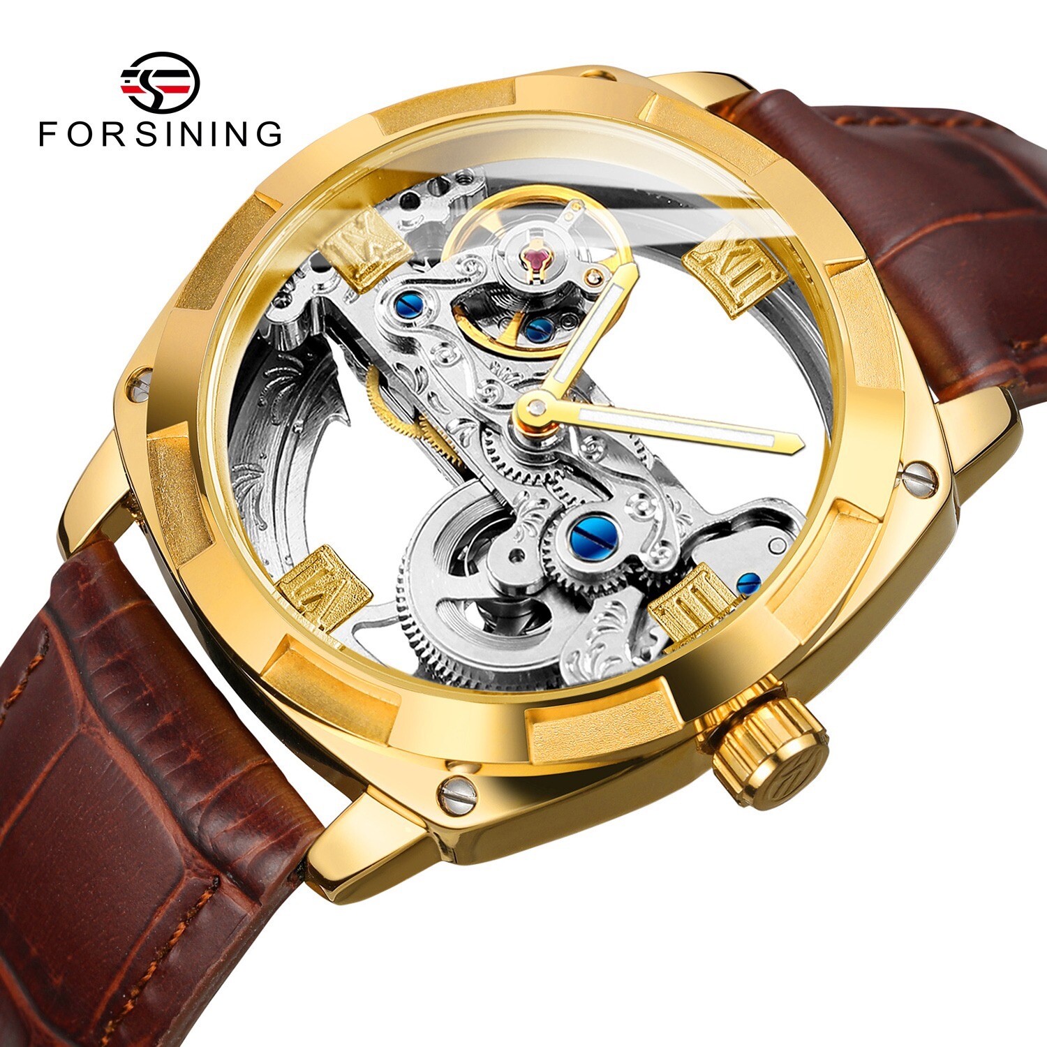 Forsining Mens Skeleton Mechanical Waterproof Luxury Watch Leather Hollow