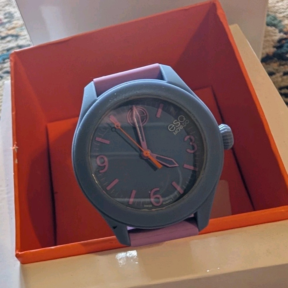 ESQ Movado Quartz Analog Wristwatch Purple Dial Light Pink Silicone Band 100M
