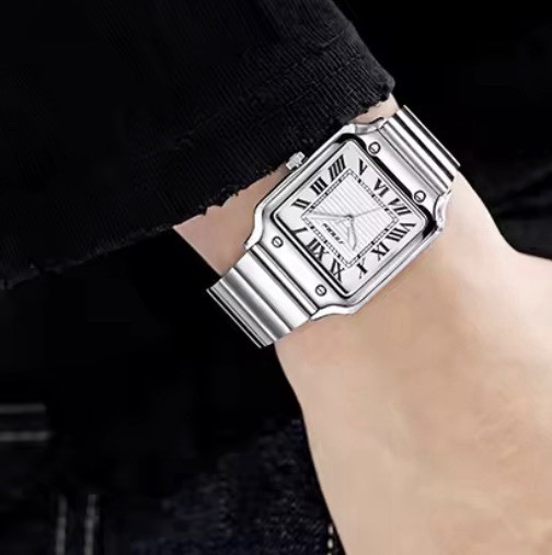 SINOBI Quartz Analogue Square Wristwatch White Roman Dial Silver SS Bracelet
