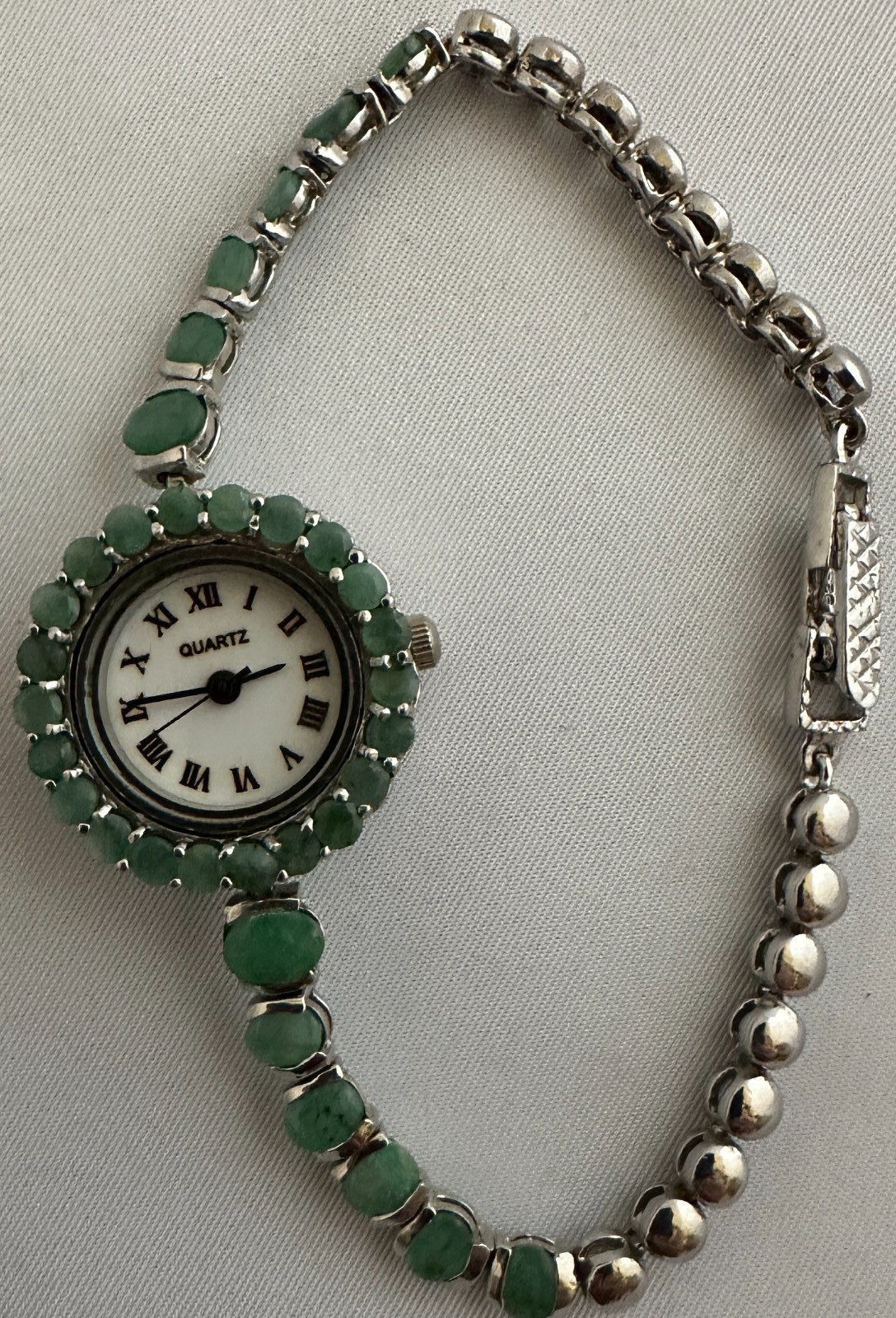 Natural Green Emerald Quartz Wristwatch Tennis Bracelet, 925 SS Bracelet – Bezel