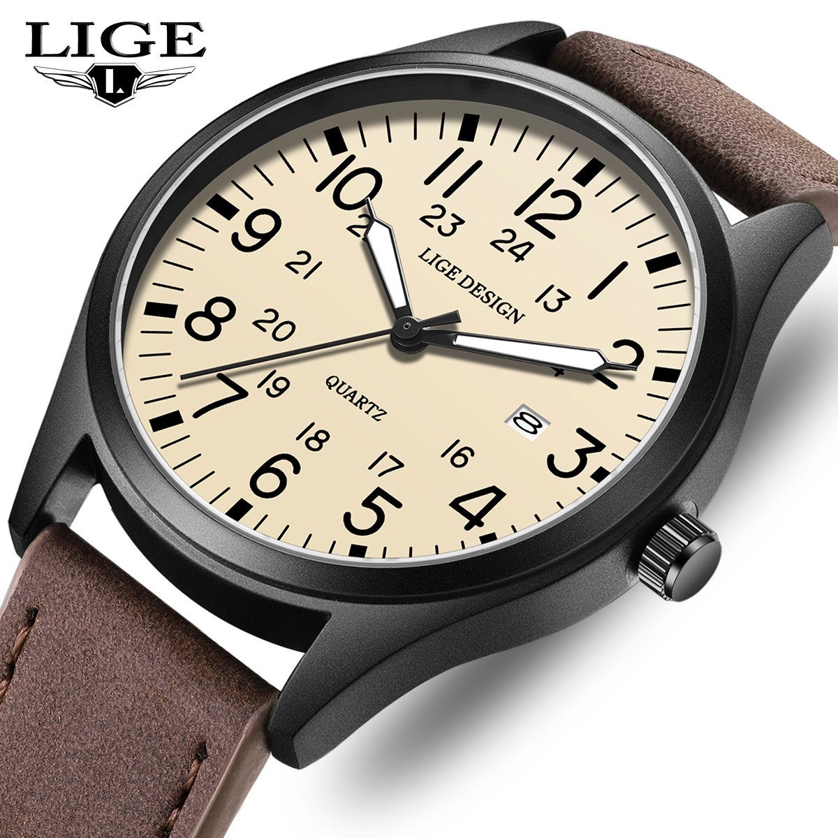 Men’s Sport Watch Luminous 24Hours Dial Leather Strap Date Quartz Man Wristwatch