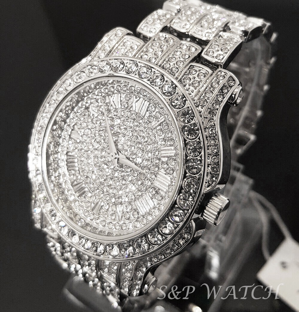 Men Hip Hop Icy Iced Silver Plated Alloy Bling Cubic Zirconia Bling Luxury Watch