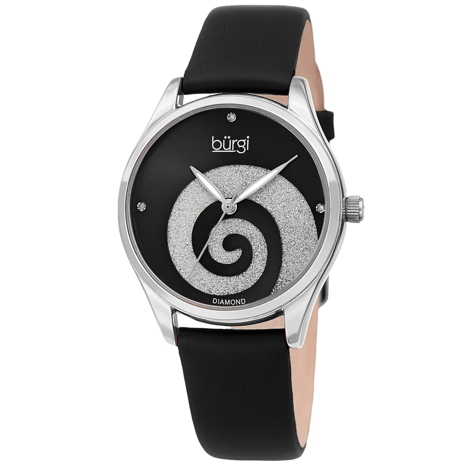 Women Burgi BUR201SSBK Swarovski Swirl Diamond Marker Satin Leather Strap Watch