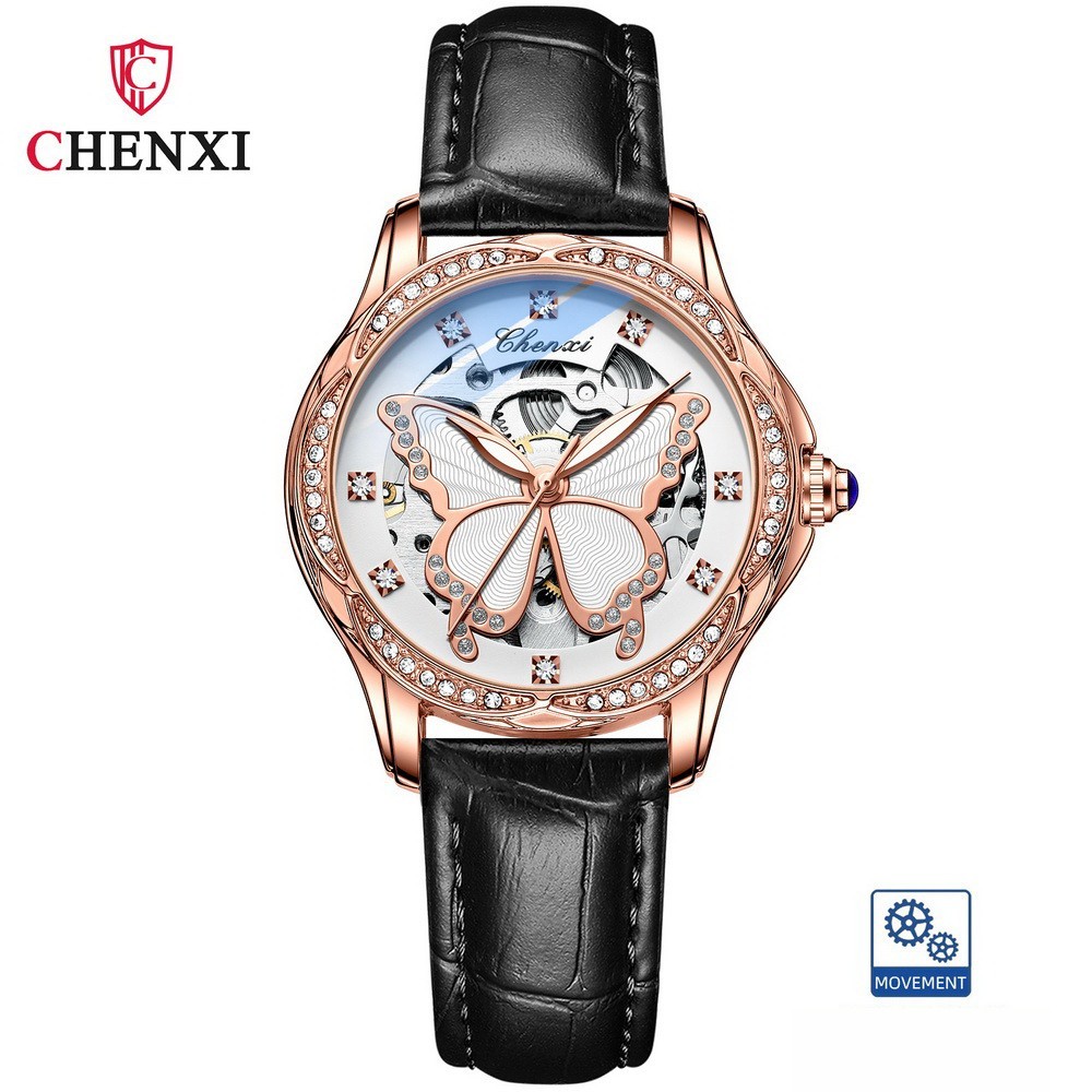 CHENXI Women’s Butterfly Dial Hollow Out Zircon Automatic Mechanical Wristwatch