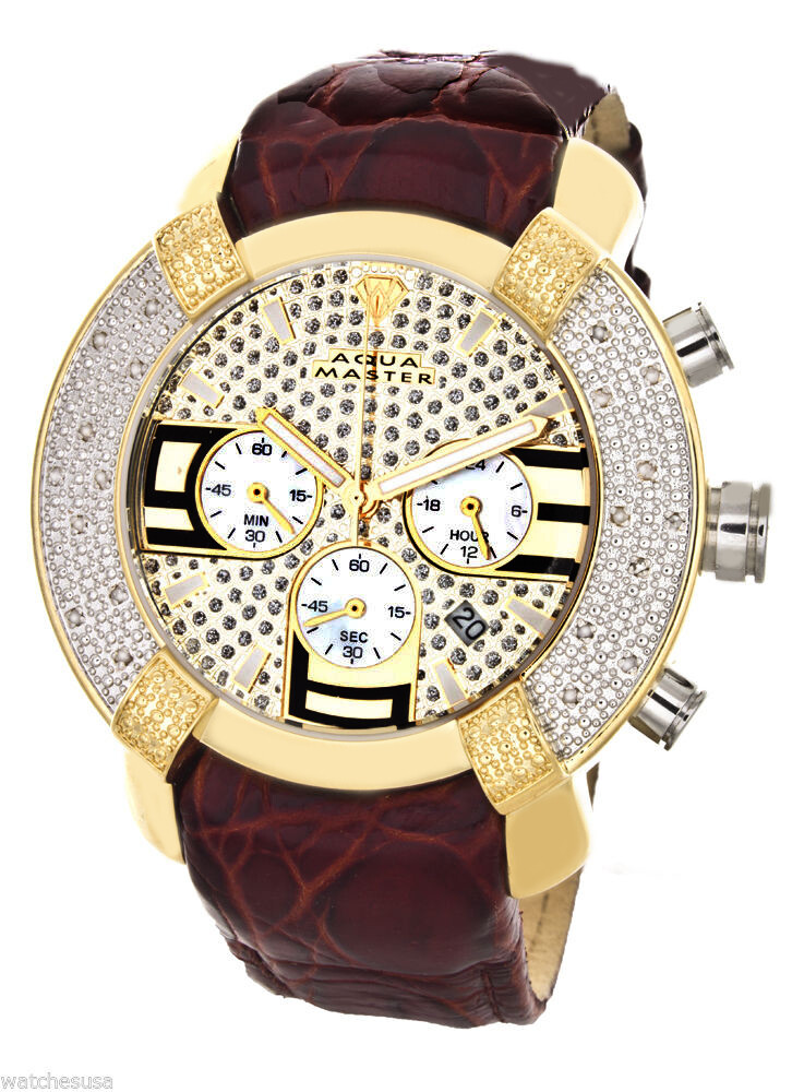 Aqua Master Men’s Gold-tone Bezel Burgundy Band Leather Band Watch W#96