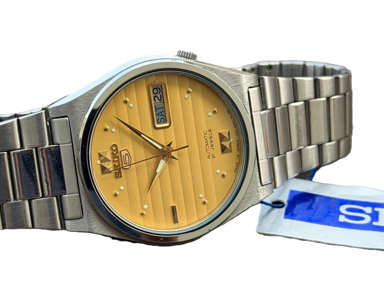 Seiko 5 Automatic Gold Dial Lume Dots Day Date Men’s Vintage Watch S-140