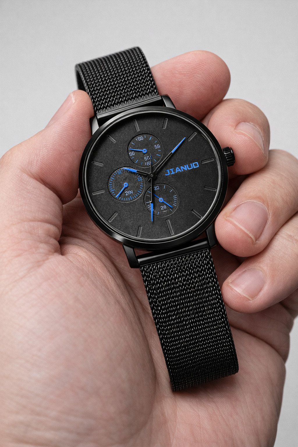 Men’s Black Stainless Steel Mesh Watch Blue Dial Minimalist Luxury Quartz Watch