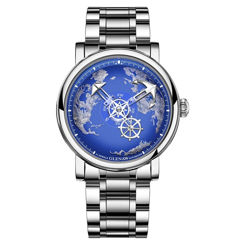 GLENAW Men’s Automatic Mechanical Watch Navigator Series Earth Dial Luminous