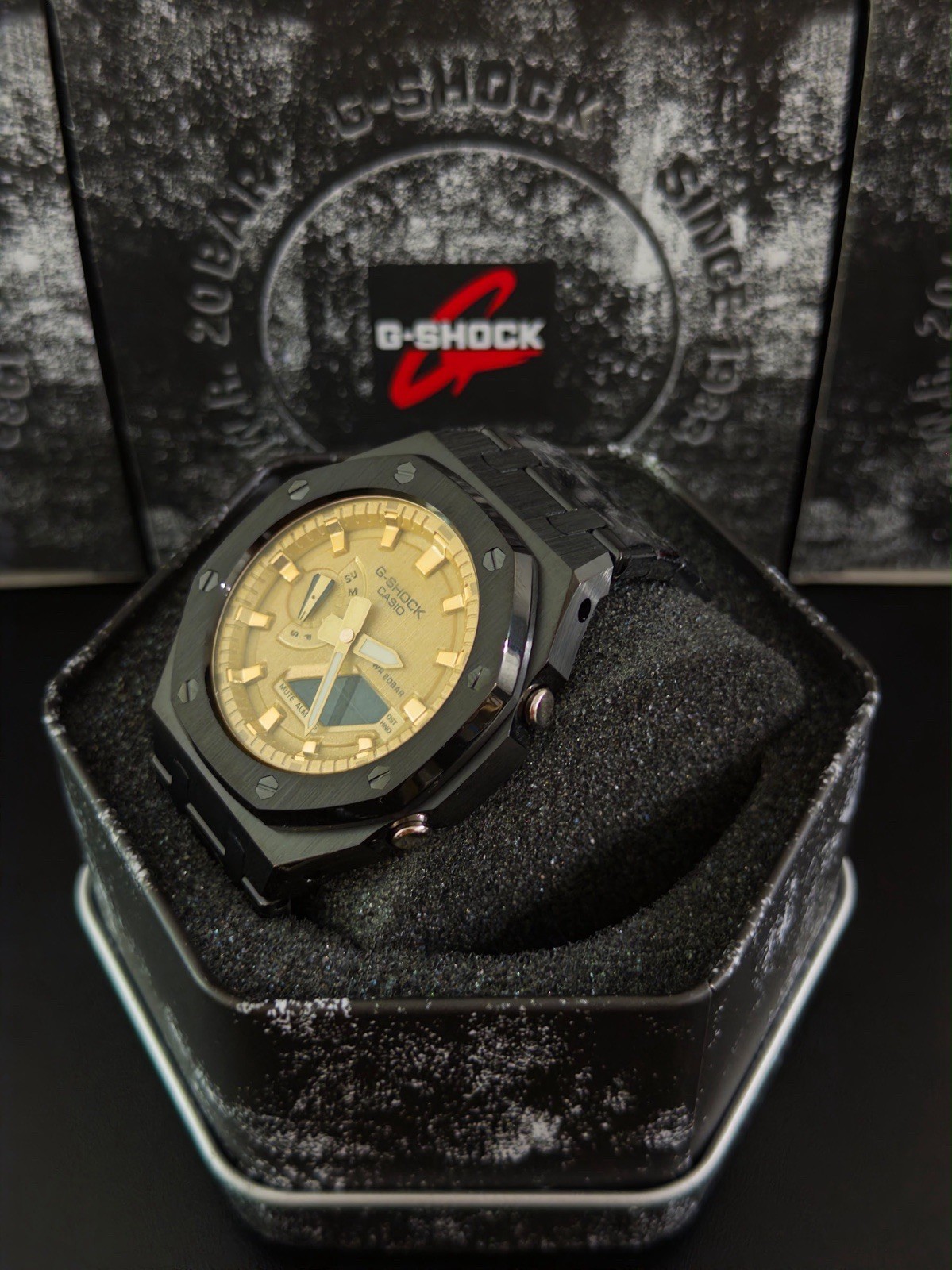 Casio GA-2100 G-Shock Watch – Sandblasted Black Case Mod – Gold Dial