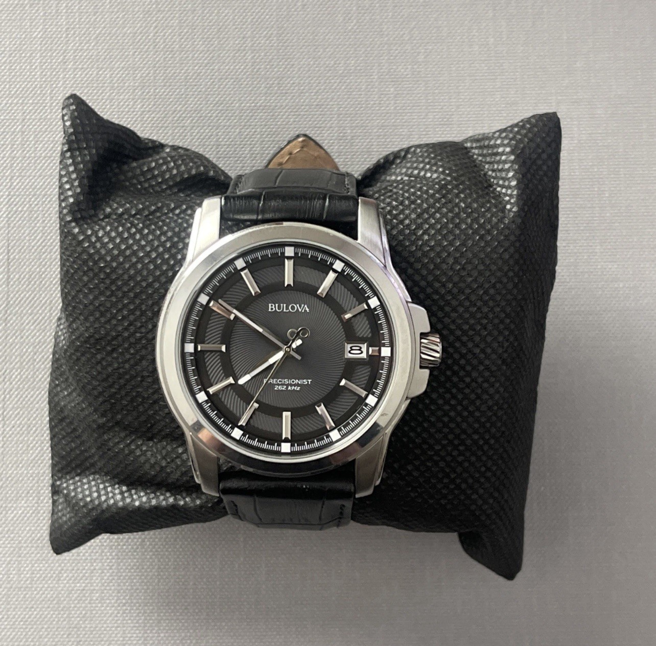 Bulova Precisionist Gray Dial Silver Tone Black Leather Band Men’s Watch 96B158