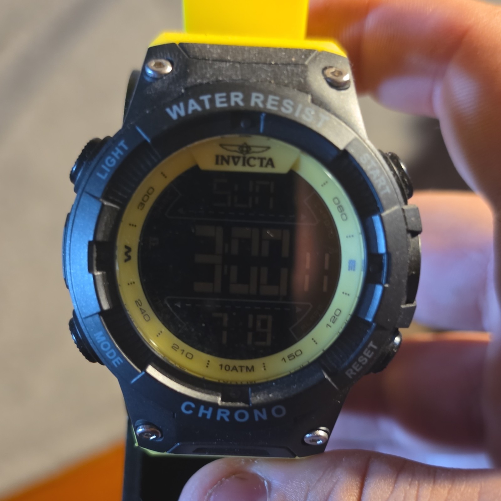 Invicta E-Lift Men’s Digital Chronograph Watch Black Case Yellow Rubber 100m