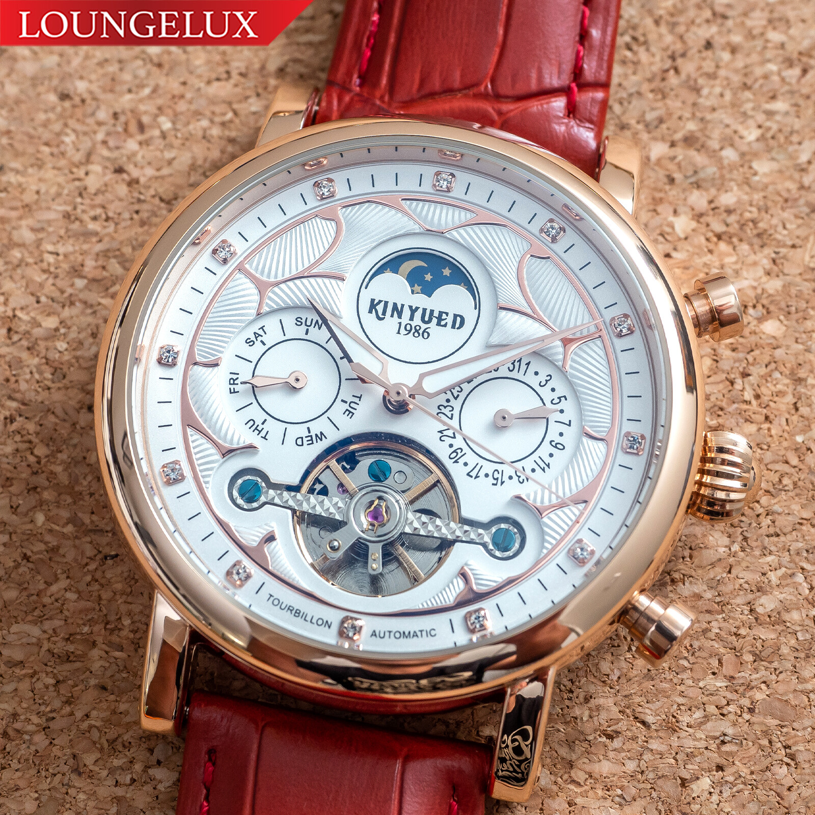 Mens Automatic Mechanical Watch Date Day Rose Gold White Red Leather Strap