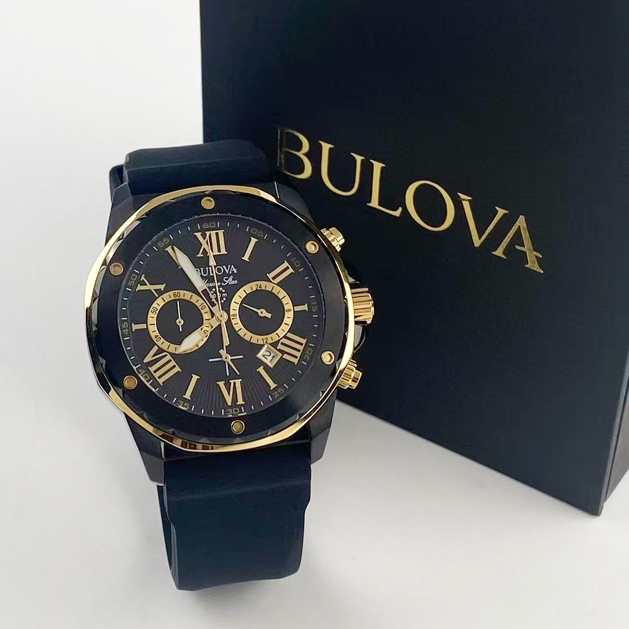 New Bulova Marine Star -98B278- Men’s Chronograph Quartz Watch Black Dial 44 mm