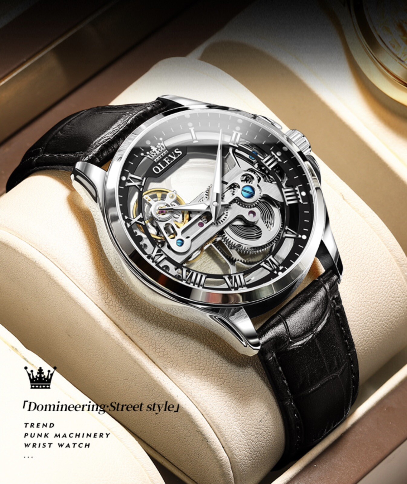 OLEVS Skeleton Watches for Men Automatic Self Winding Mechanical Luxury Leather