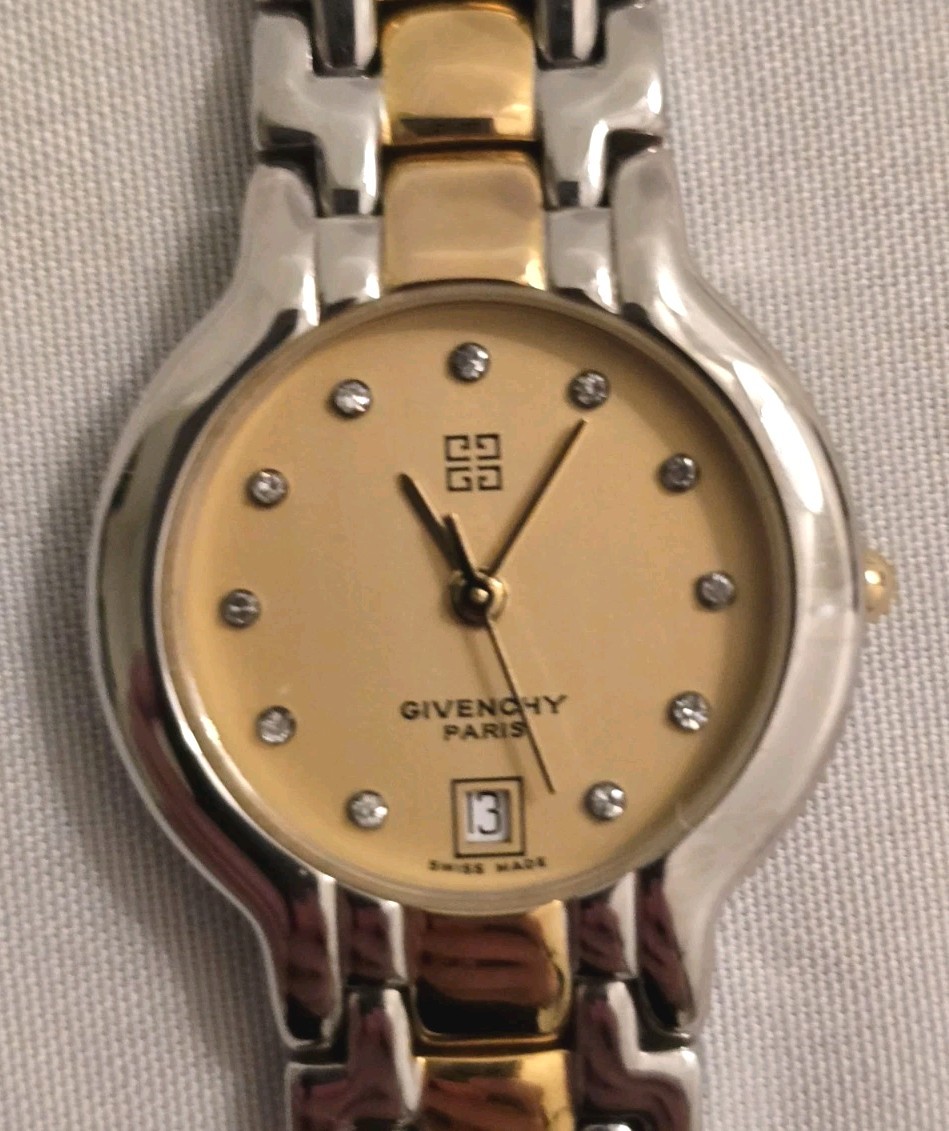 Vintage Givenchy Swiss Made Two-Tone Quartz Watch Diamond Markers 24mm Date