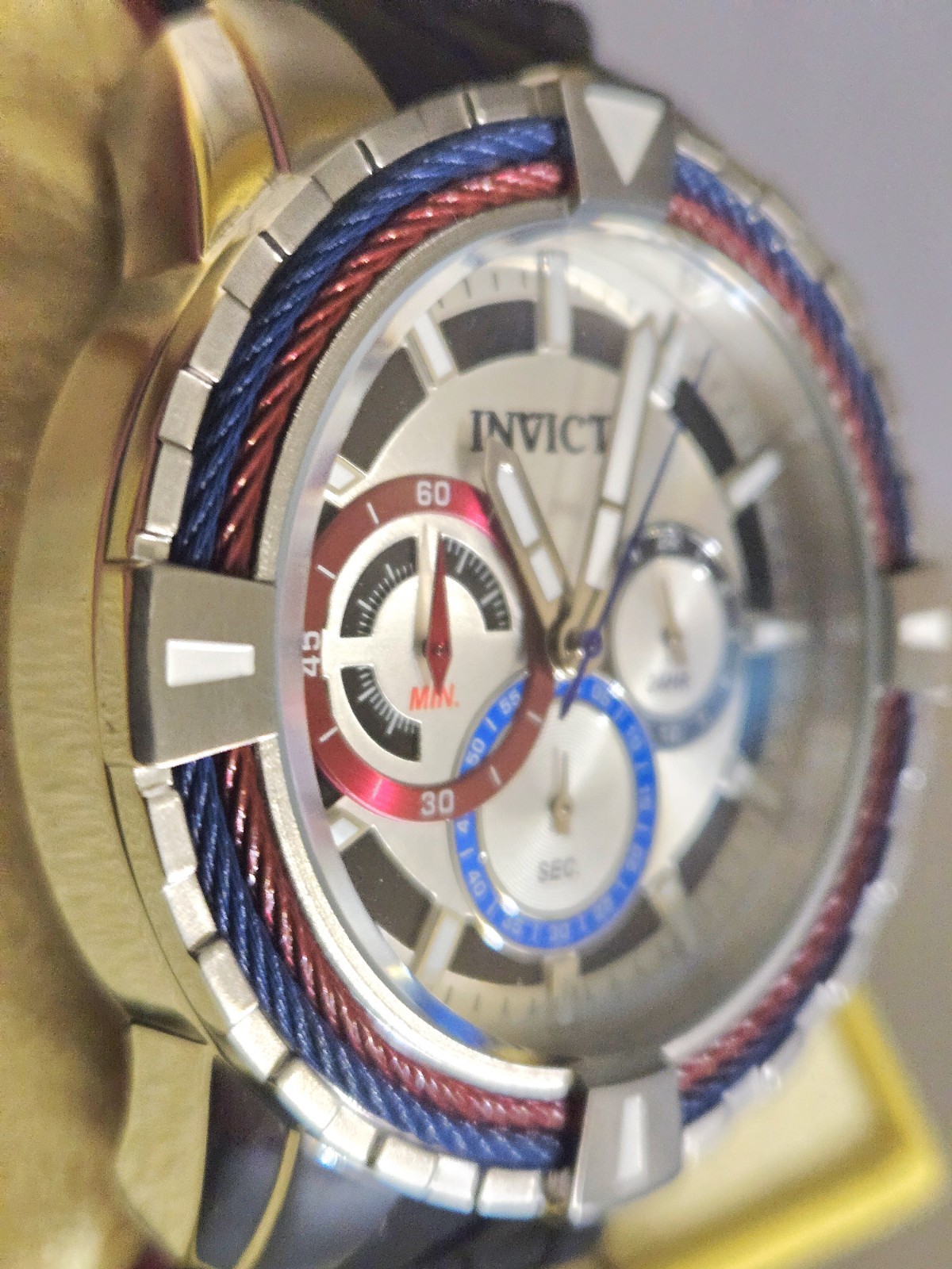 Invicta 49mm Bolt Chronograph Red, Blue, Silver Dial Black/Red Silicone Band