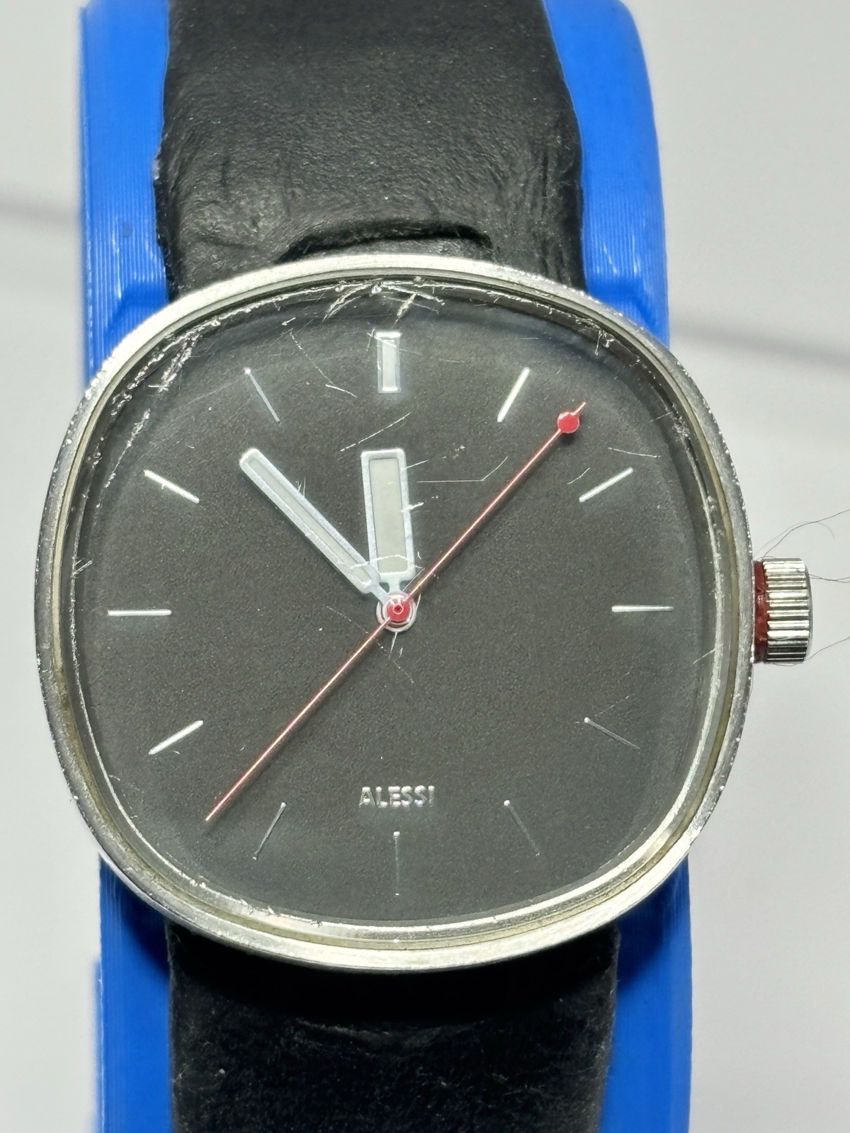 Alessi Piero Lissoni Quartz Watch Black Dial Leather Strap Square Steel 30m WR
