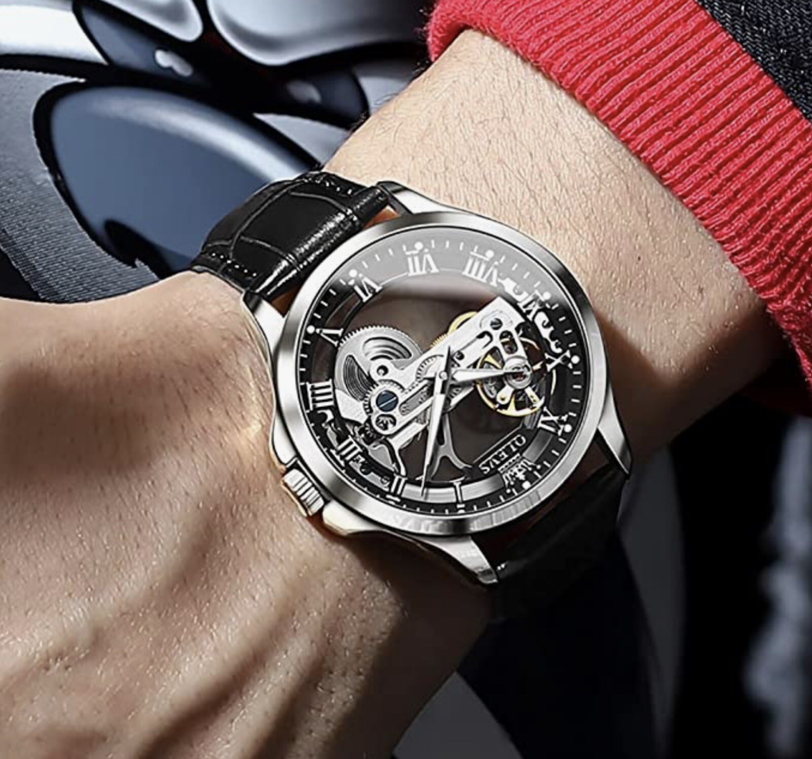 OLEVS Skeleton Watches for Men Automatic Self Winding Mechanical Luxury Leather
