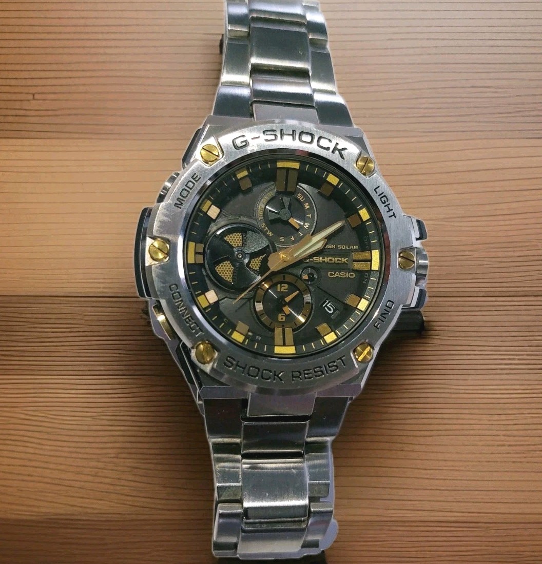 CASIO G-SHOCK GST-B100 G-STEEL Gold Black Solar Watch USED