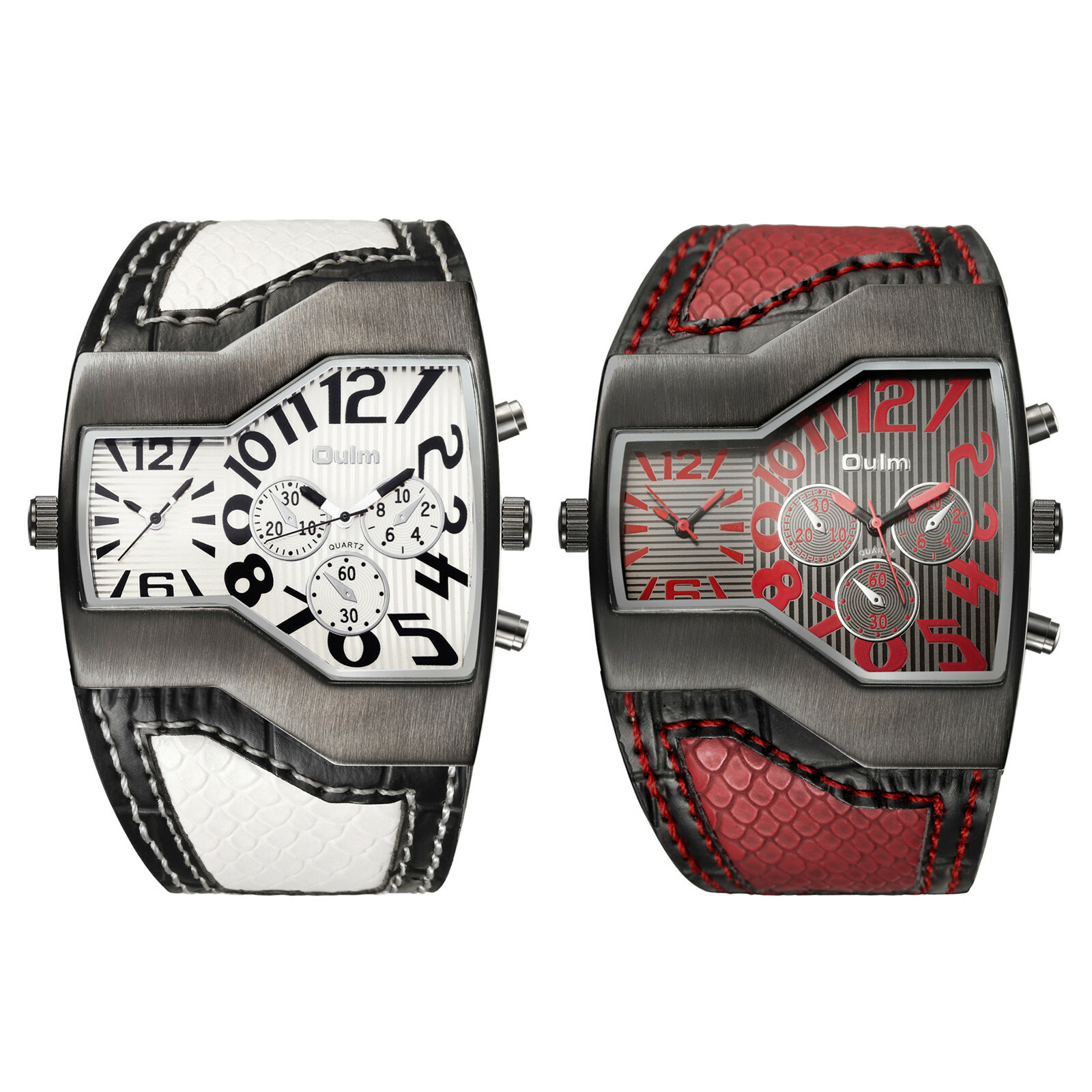 Men’s Sports Military Dual Time Zones Dial Red/White Leather Quartz Wrist Watch