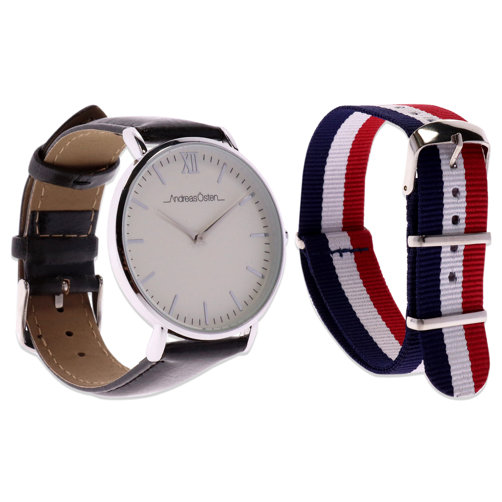 AO-101 Silver-Black Leather Strap Watch by Andreas Osten for Unisex – 1 Pc Watch