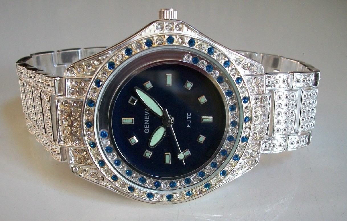 MEN’S BLUE/CLEAR STONE SILVER FINISH FASHION DRESSY CASUAL HIP HOP WATCH