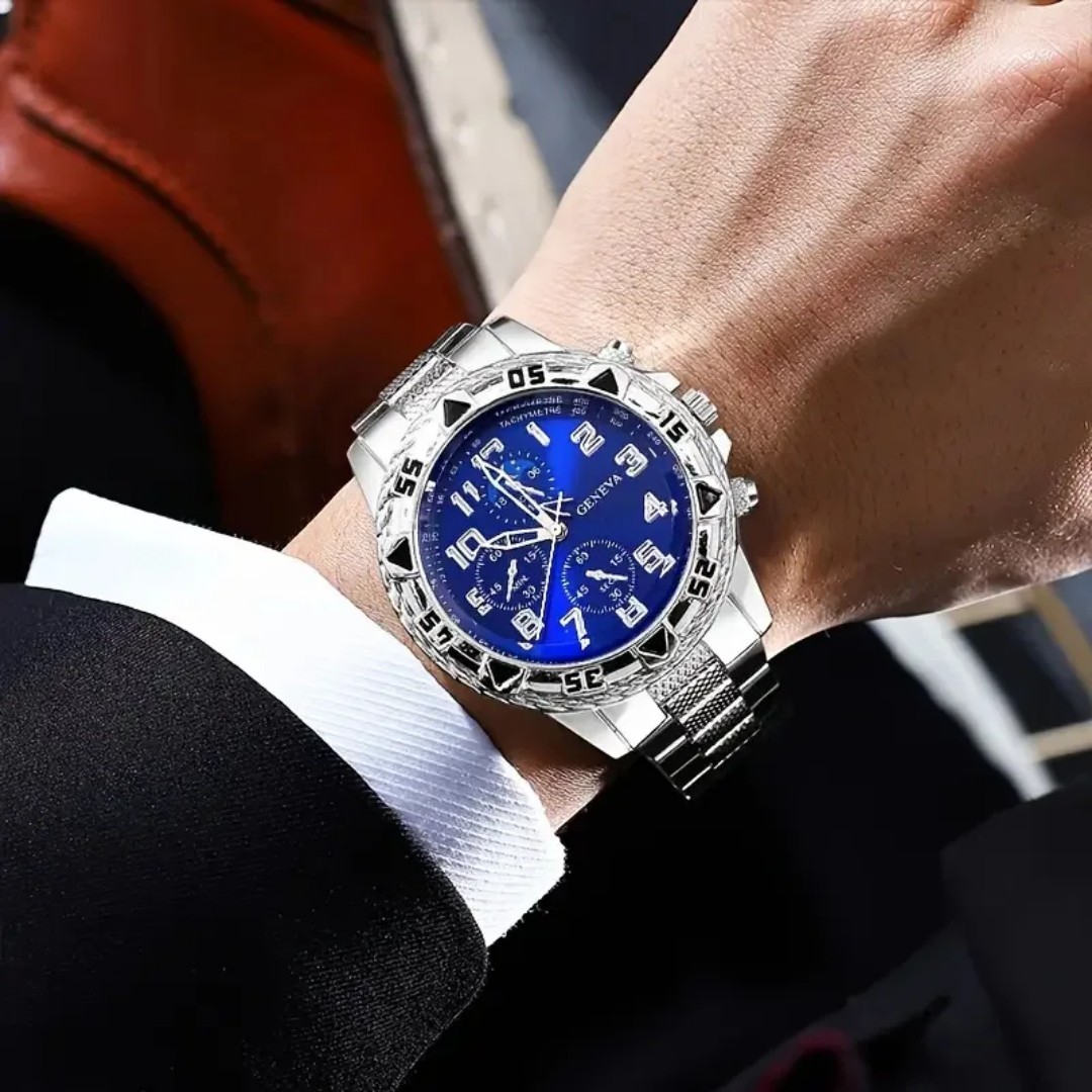 Mens Quartz Wrist Watch Large Face Time Metal Band Silver Blue Casual Classic ⌚