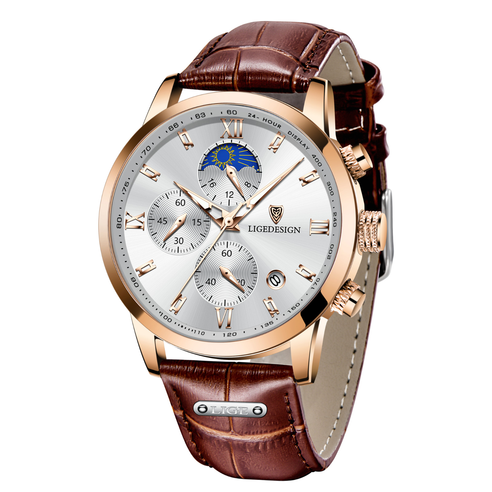 LIGE Men Quartz Watch Date Luminous Leather Strap Waterproof Business Wristwatch