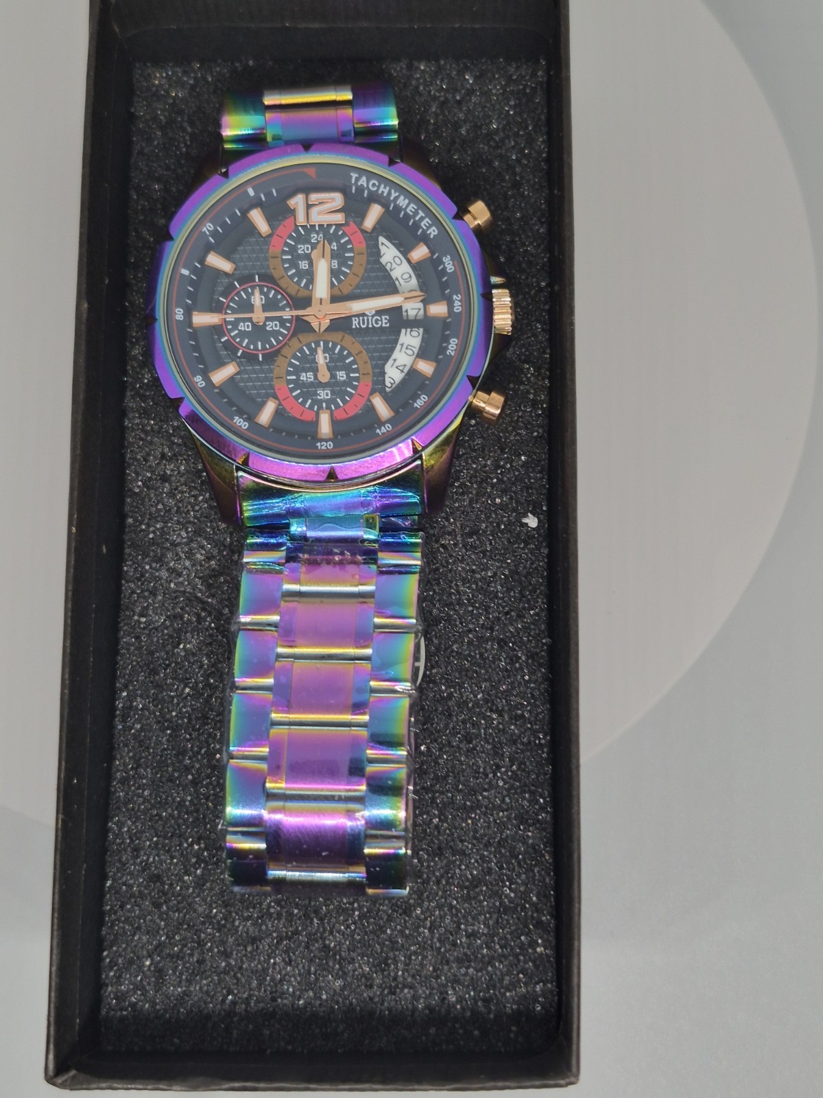 RUIGE Quartz Chronograph Tachymeter Watch Black Dial Multicolor Metal Box