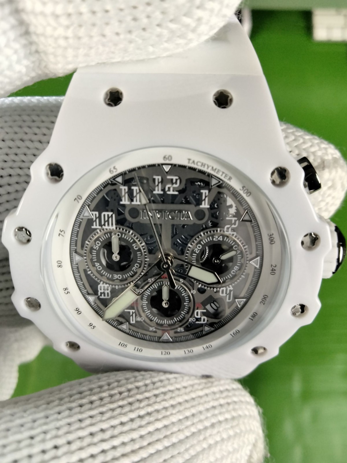 Invicta Racing 69668 Men White Skeleton Silver Dial Silicone Quartz Watch 43.5mm