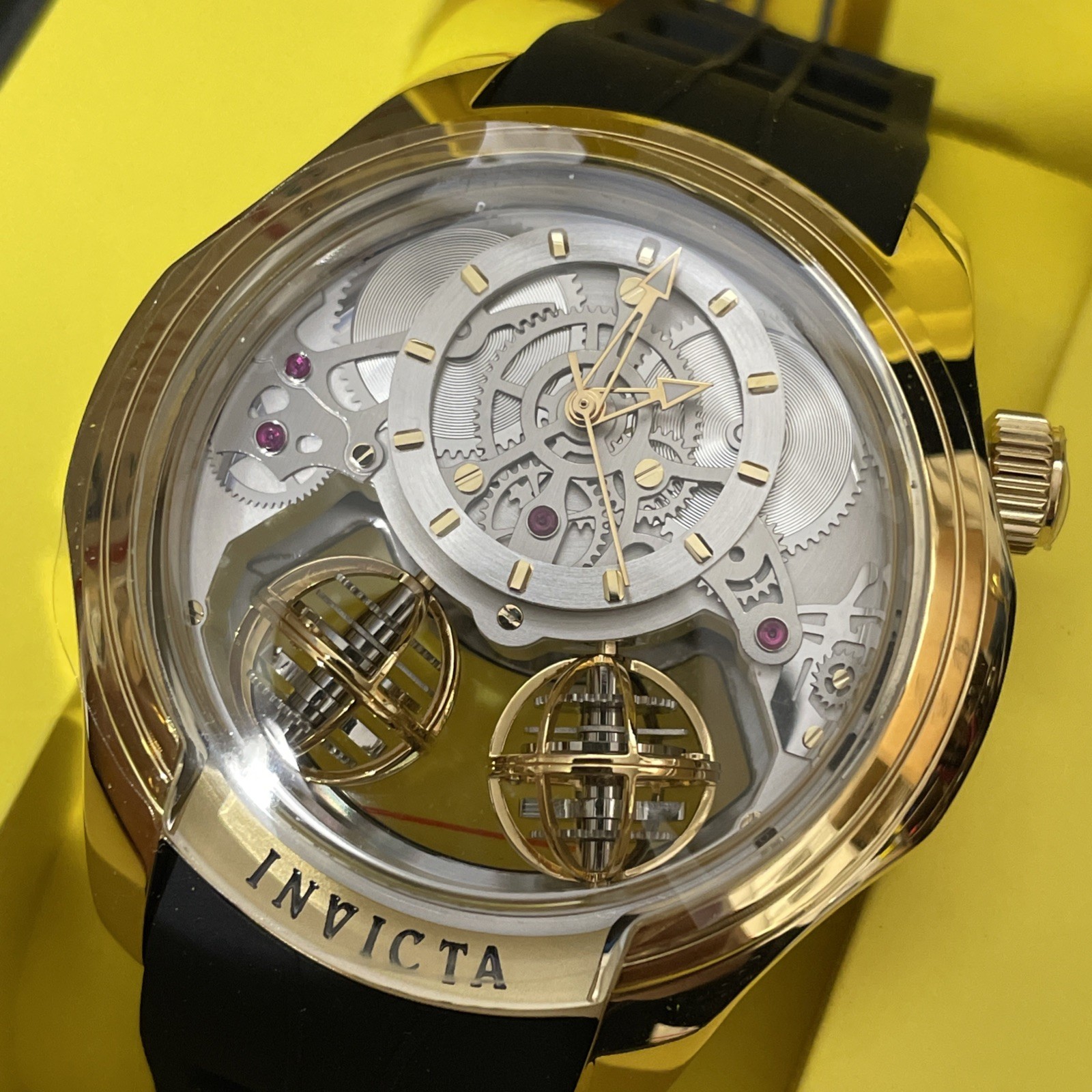 Invicta Men’s Watch Specialty Silver Dial Yellow Gold Case Silicone Strap 47375