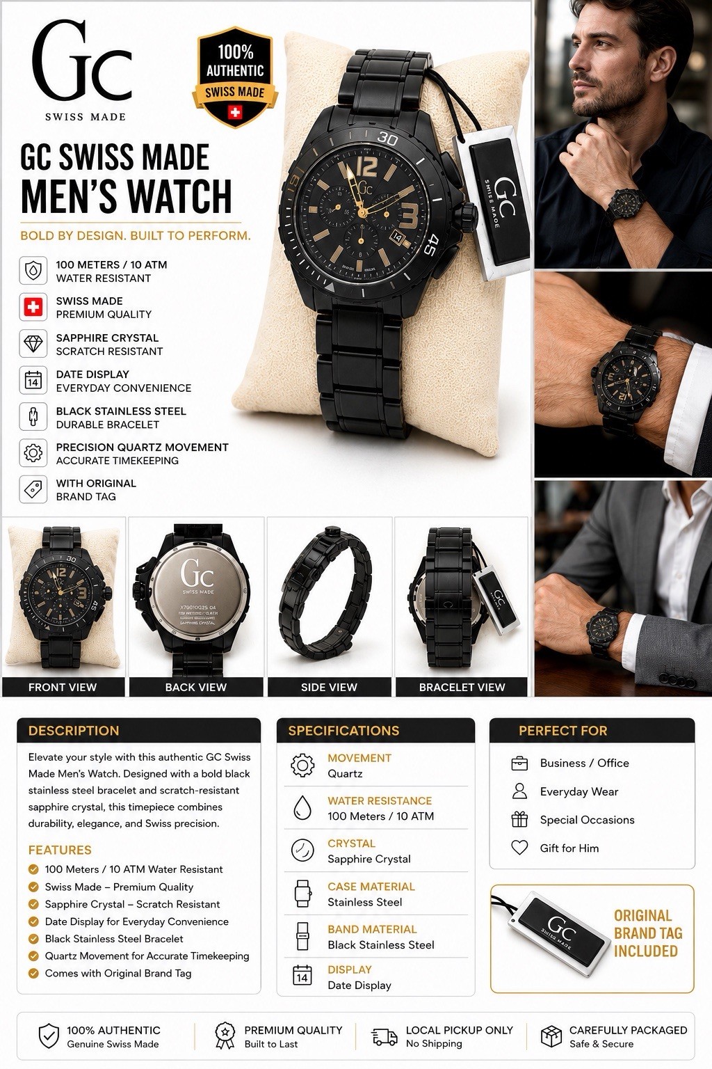 GC Swiss Made Men’s Quartz Chronograph Date Black SS Bracelet 44mm 100m