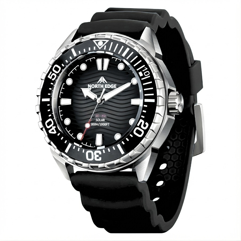 North Edge TRITON Solar Dive Watch Phantom Black 45.8mm 300m Waterproof – New UK