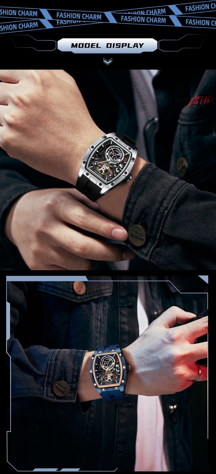 MINI FOCUS Men’s Tonneau Skeleton Flywheel Silicone Automatic Mechanical Watch