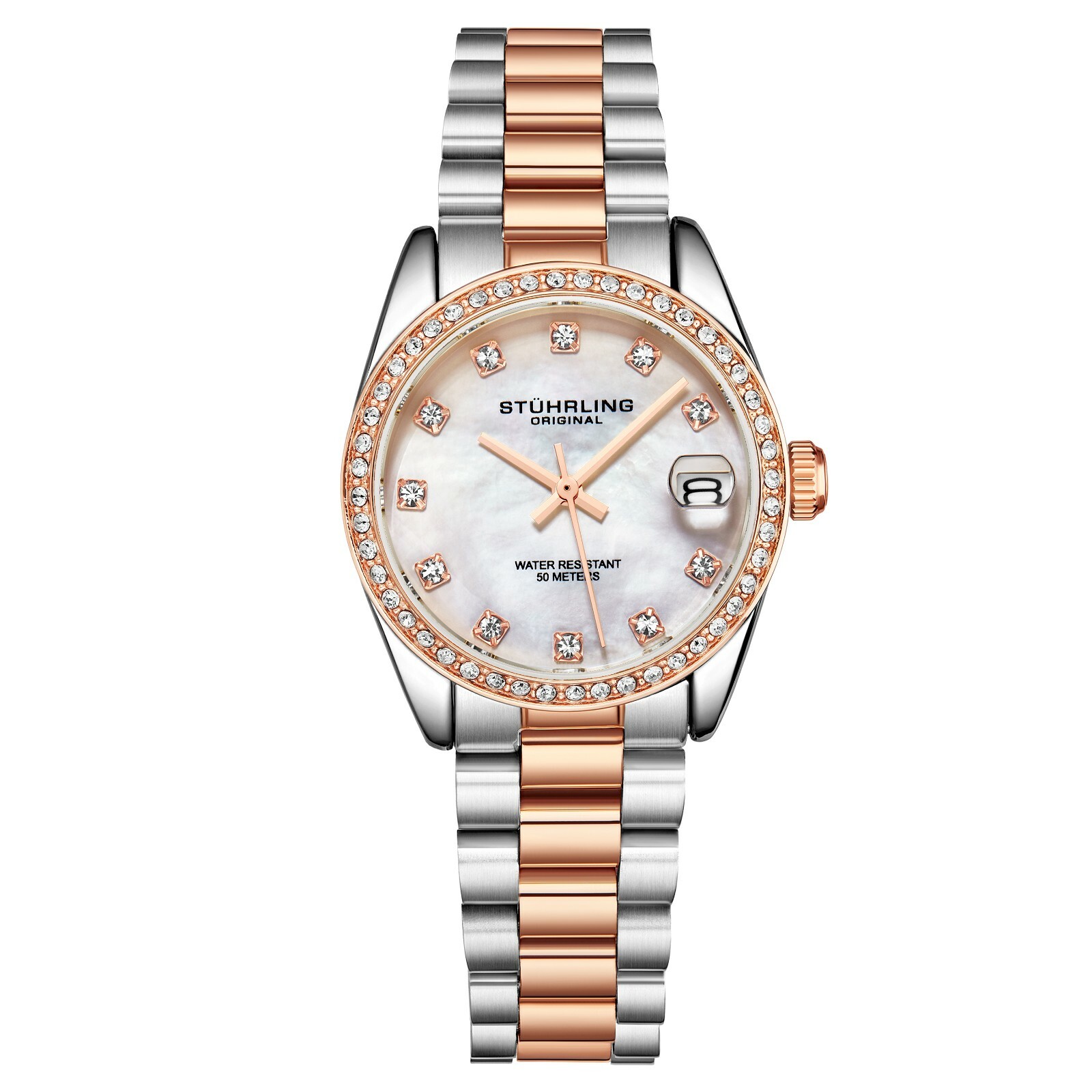 Stuhrling Women’s Quartz Crystal Studded Bezel MOP Dial Stainless Steel Bracelet