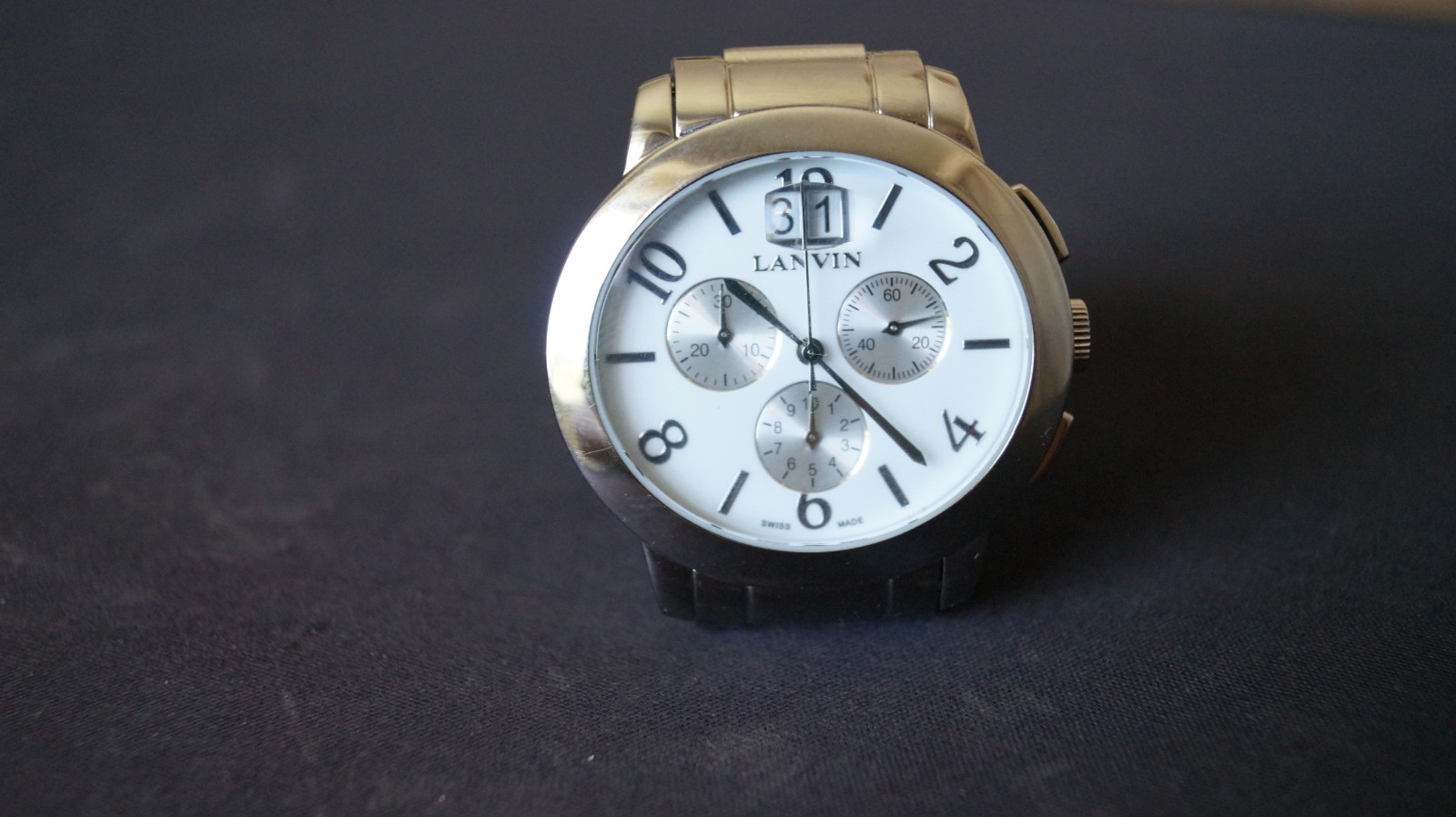 Lanvin Paris Quartz Watch Swiss Ronda Chronograph 5040B white Oval Big Date