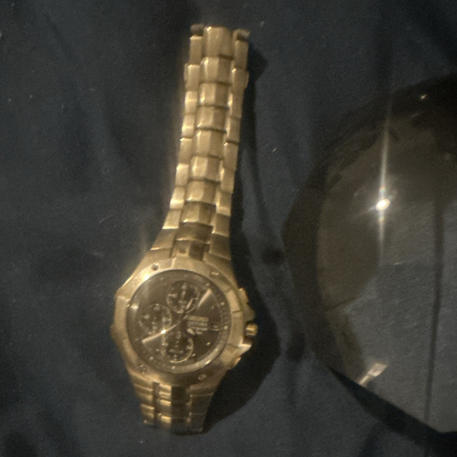 Gold Tone Analog Chronograph Wristwatch Black Dial Stick Indexes Bracelet