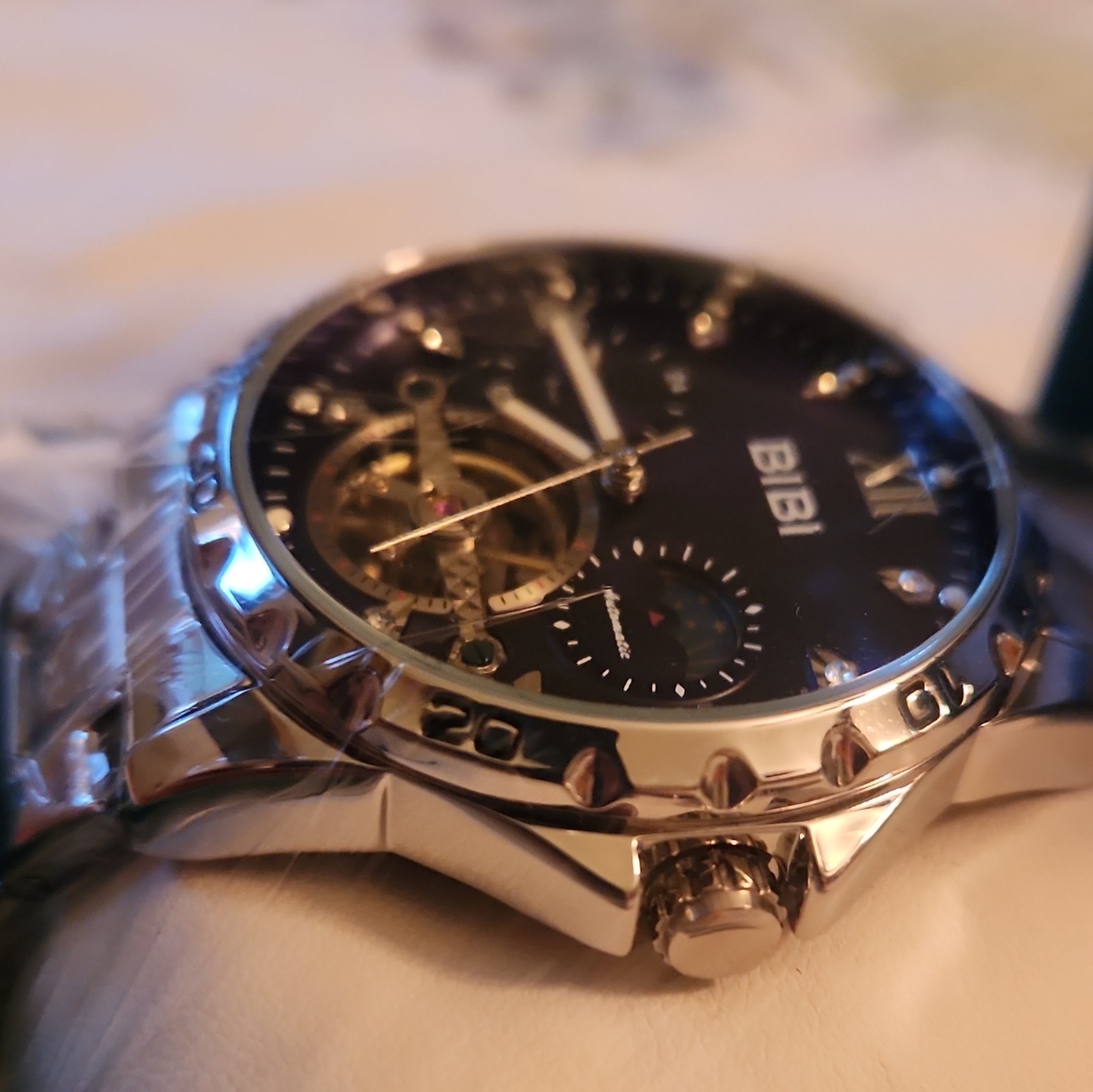 BIBI Luxury Automatic Watch Purple Sunburst Dial SS Bracelet Box/Manual