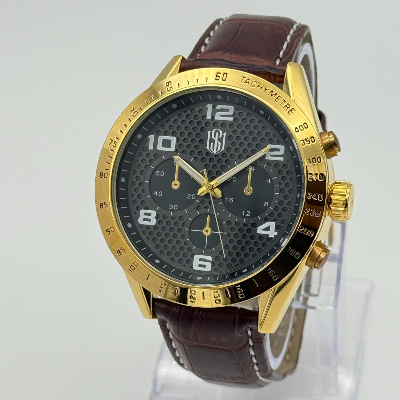 Men’s WRIST SOCIETY Gold Tone 47mm Classic Quartz Watch, Brown Leather Band Runs
