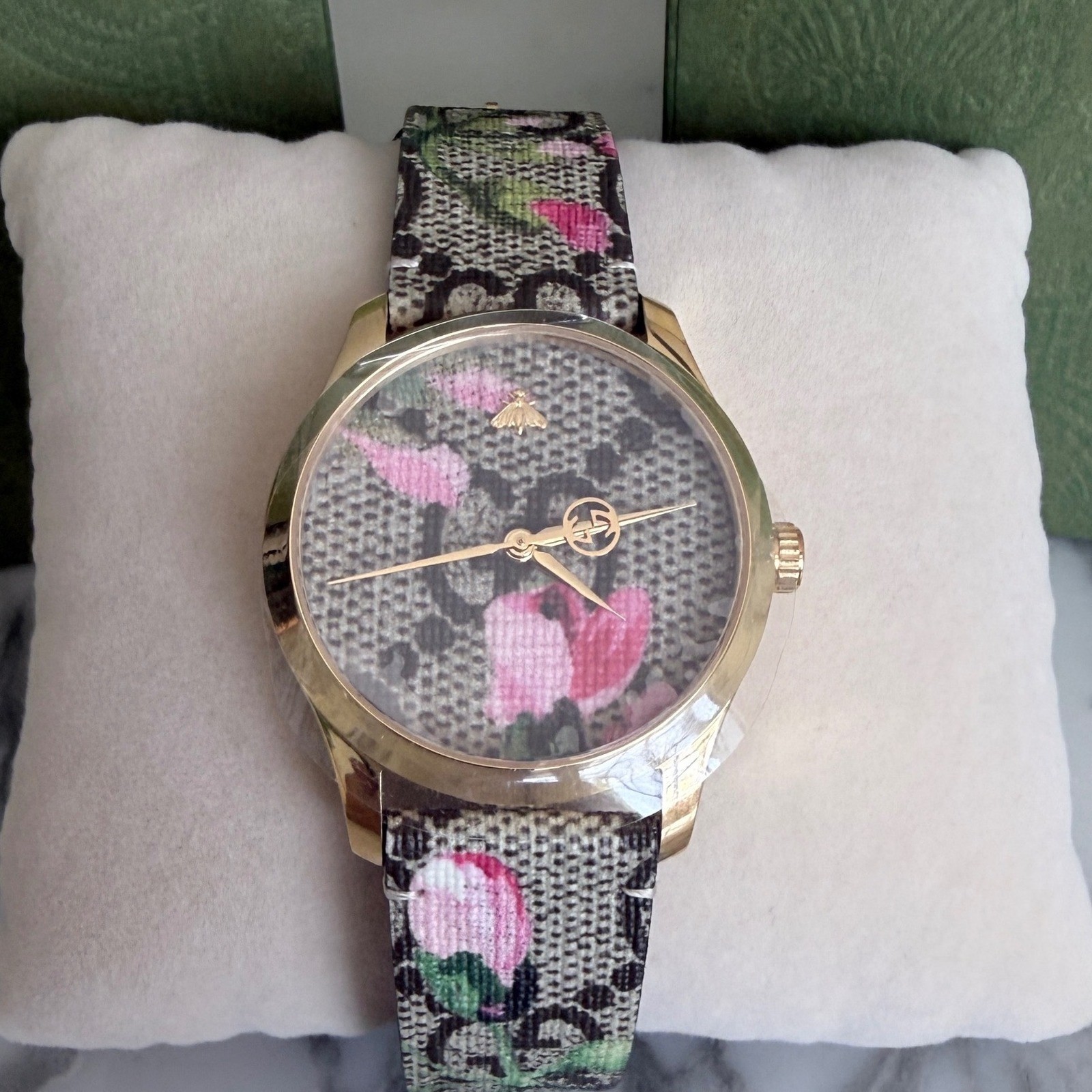 Gucci G-Timeless YA1264038A Womens Watch GG Supreme Blooms Pink Floral Gold 38mm