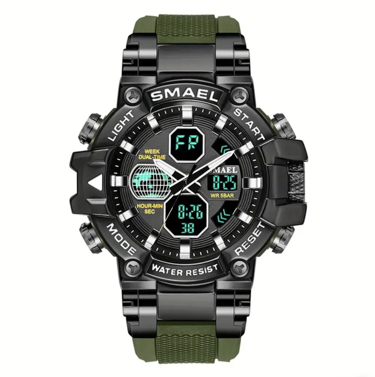 SMAEL Men’S Sport Watch Alloy Case, TPU Strap, Dual Display, Luminous, Alarm