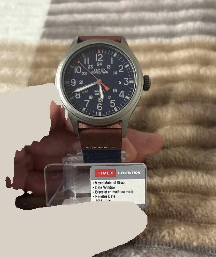 Timex TW4B14100 Men’s Expedition Scout Navy Blue Nylon Strap with Brown Leather