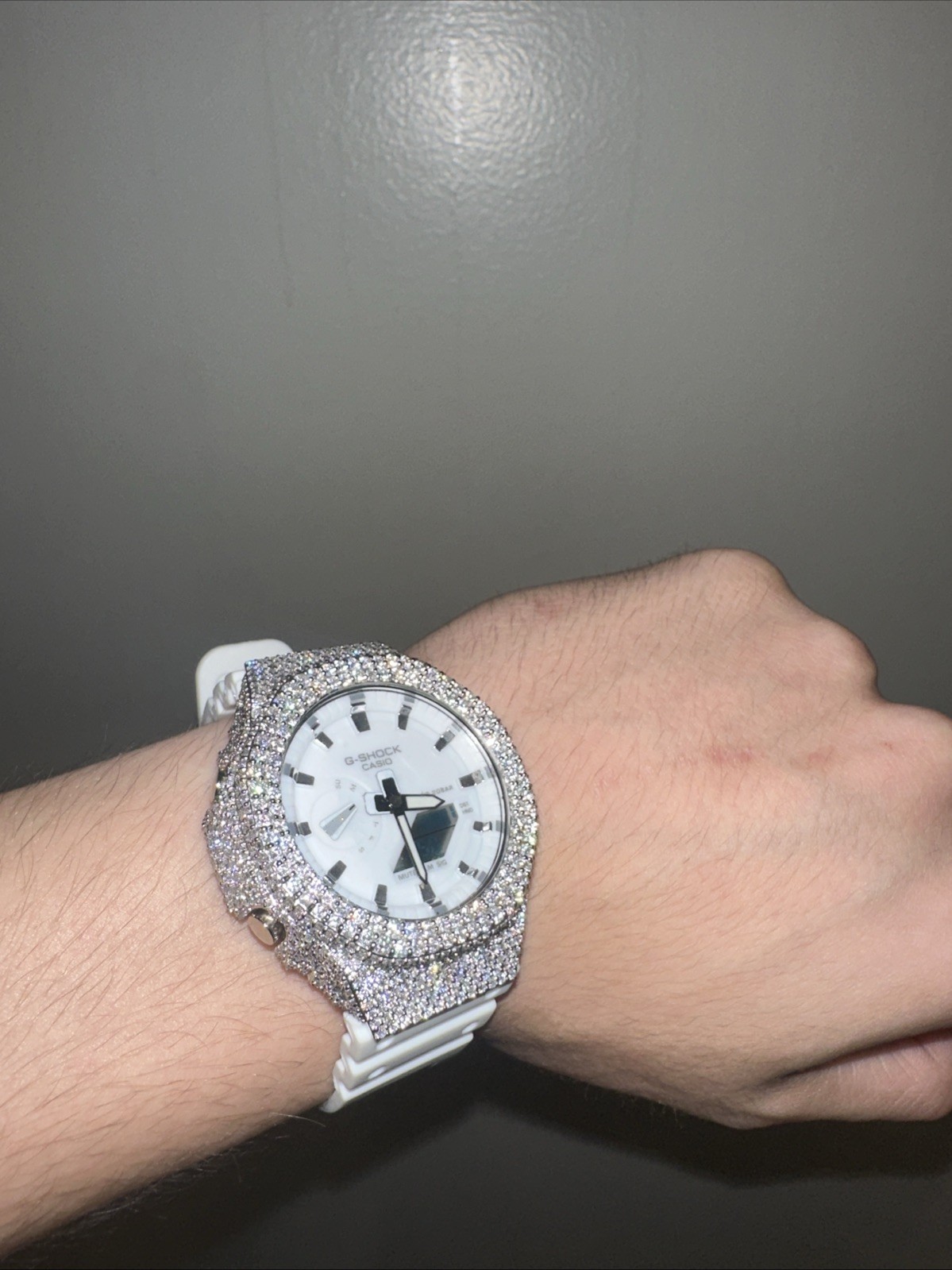 Custom Iced Out G-Shock GA-2100 white VVS Moissanite Brass Bezel 11CT Iced